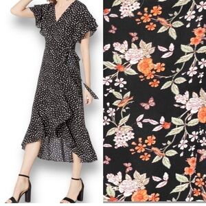 Max Studio Floral Black Wrap high/low midi Dress size L